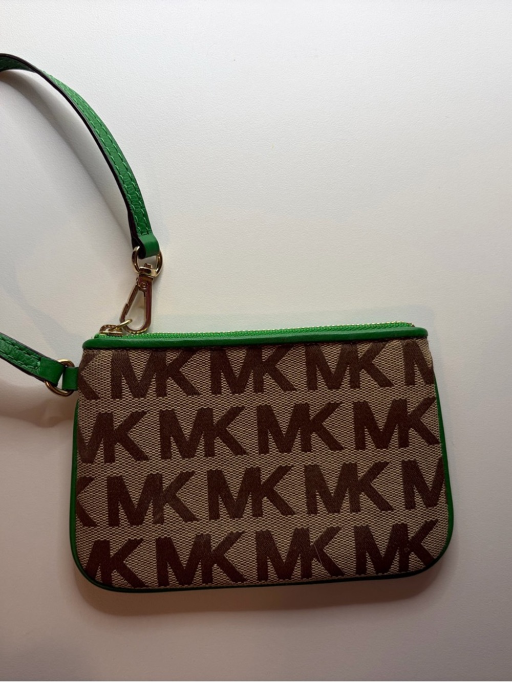 Michael Kors Brown Monogram Wristlet with Green Trim